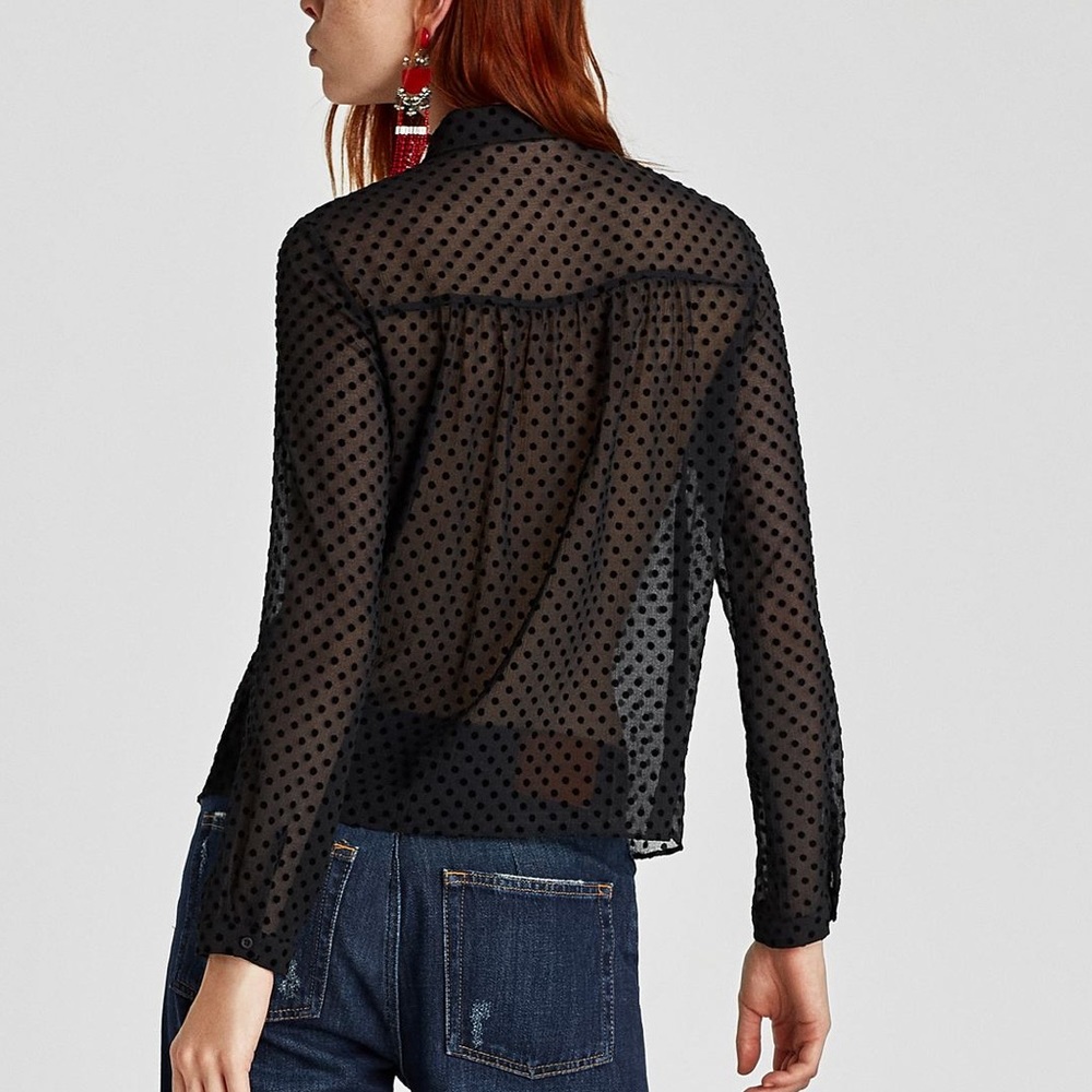 NWT Zara Black Sheer Polka Dot Button Down Blouse - Picture 5 of 7